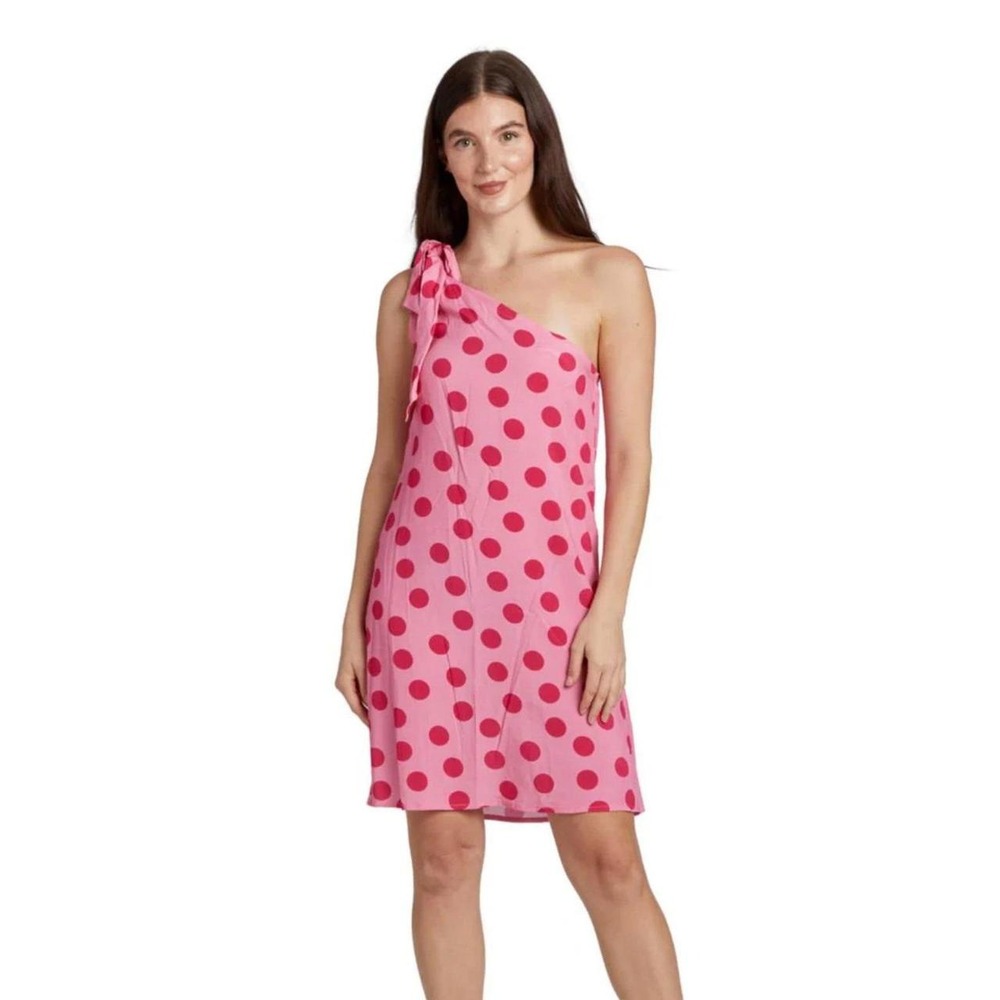 Taylor Tillman One Shoulder Pink Polka Dot Jennifer Dress Size XS Bow detail